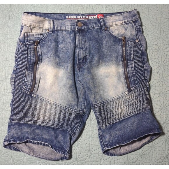 Other - Lion Dynasty Mens 38 Slim Acid Wash Blue Jean Shorts 5 Pockets Moto Biker Ribbed